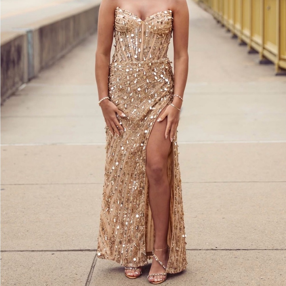 Sherri Hill Gold Sequin Prom Dress